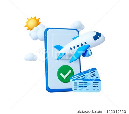 Online ticket 3d concept. Airplane travel, flight render scene. Plane fly from smartphone screen, tickets, clouds and sun. Tourism vector elements 113359220
