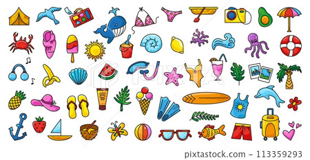 Children draw summer. Summertime icons, underwater animals, food and drinks. Beach accessories, clothes and cosmetics, neoteric vector clipart Children draw summer. Summertime icons, underwater animals, food and drinks. Beach accessories, clothes and cosmetics, neoteric vector clipart 113359293