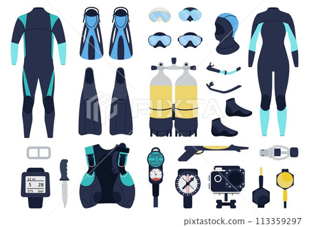 Scuba diving equipment. Divers suits, underwater shoes and masks. Snorkeling elements and tools. Swimming activity accessories, decent vector set 113359297