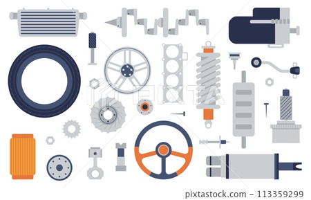 Car flat spare parts. Isolated mechanical spares, automotive components. Wheel, battery, piston, springs. Auto repair decent vector elements Car flat spare parts. Isolated mechanical spares, automotive components. Wheel, battery, piston, springs. Auto repair decent vector elements 113359299