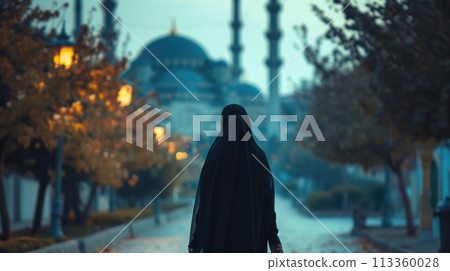 Silhouette of Woman in Niqab at Dusk Silhouette of Woman in Niqab at Dusk 113360028