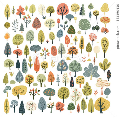 Trees in flat nordic style. Tree and bush symbols scandinavian nature illustration on white, baby stylized folk decor plants isolated 113360430