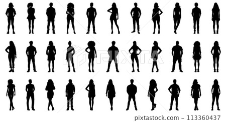 Teenagers black stencils. People silhouettes, male and female outline shadows, person models shadows, personalized drawings isolated on white Teenagers black stencils. People silhouettes, male and female outline shadows, person models shadows, personalized drawings isolated on white 113360437