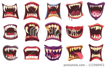 Monster mouths set. Lips tongues teeth fangs monsters isolated elements, vector horror faces designs on white 113360451