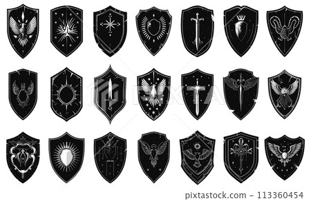 Knights shields with coats of arms black on white. Flat monochrome shield set eagle angel sword crown wings sun symbols isolated Knights shields with coats of arms black on white. Flat monochrome shield set eagle angel sword crown wings sun symbols isolated 113360454