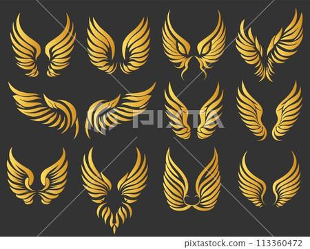 Golden wings for emblems symbols. Birds and angels gold plumage, eagle hawk falcon rising winged silhouettes clipart 113360472