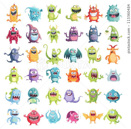 Cute cartoon monsters. Little sweet monster set isolated, furry creatures drawings on white, gremlins trolls beasts characters collection 113360484