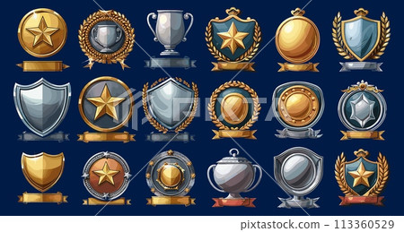 Achievement badges. Winning icons, champ icons, recognition awards, win cups, award best achievable shields symbols Achievement badges. Winning icons, champ icons, recognition awards, win cups, award best achievable shields symbols 113360529