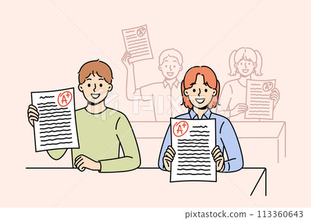 Smart schoolchildren demonstrate excellent exam test results, sitting at desks in classroom. Smart schoolchildren demonstrate excellent exam test results, sitting at desks in classroom. 113360643