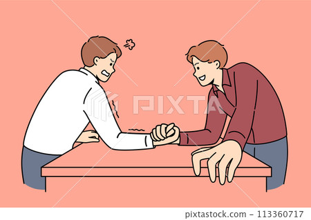 Men engage in arm wrestling to find out who is stronger and prove own leadership in business team 113360717