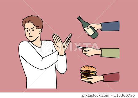 Man gives up bad habits, making forbidden gesture near hands with alcohol and cigarettes or fastfood Man gives up bad habits, making forbidden gesture near hands with alcohol and cigarettes or fastfood 113360750