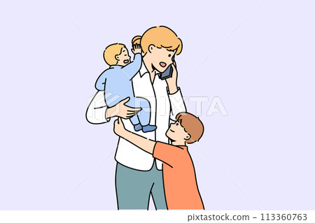 Mother makes business call and babysits children at same time, needing to hire nanny Mother makes business call and babysits children at same time, needing to hire nanny 113360763