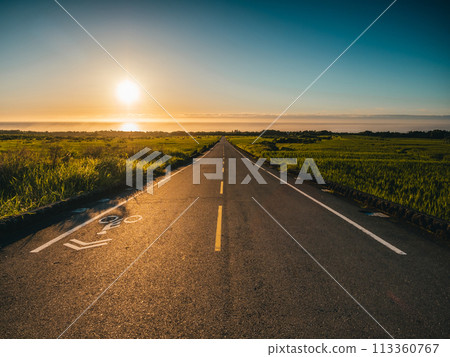 morning road leading to sunrise over sea morning road leading to sunrise over sea 113360767