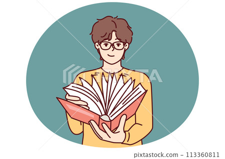 Guy student leafing through book in search information for preparation of essay given by teacher Guy student leafing through book in search information for preparation of essay given by teacher 113360811