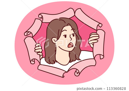 Shocked woman peeks out of hole in torn paper and looks away after seeing unexpected discount 113360828