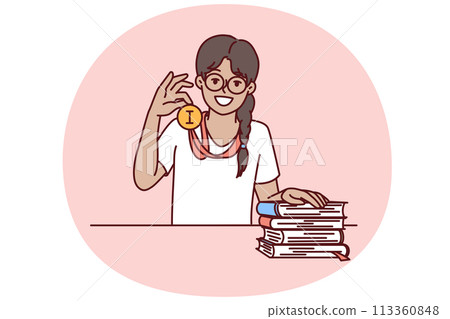 Little asian girl shows medal proudly boasts award received for excellent knowledge 113360848