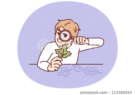 Teenager boy with magnifying glass examines leaf from tree, studying plants doing homework Teenager boy with magnifying glass examines leaf from tree, studying plants doing homework 113360854