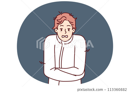Crazy man in straitjacket needs urgent psychiatric help after nervous breakdown or bipolar disorder 113360882