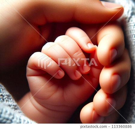 Mother's hands holding baby's tiny hands 113360886