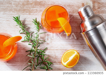 Orange cocktails with rosemary and a shaker, shot from the top Orange cocktails with rosemary and a shaker, shot from the top 113360935