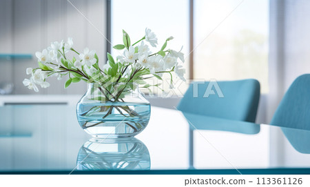 A glass table with a vase in a conference room 113361126