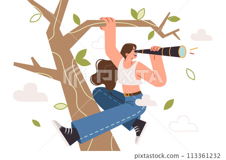 Curious woman looks through telescope climbing tree, spying on neighbors or looking for way home 113361232