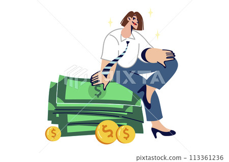 Rich woman sits on stack of money earned in business, and thinks about where to invest money 113361236