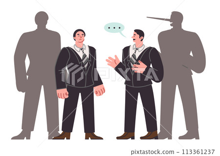 Deception in business negotiations between man and swindler, standing near shadow with long nose Deception in business negotiations between man and swindler, standing near shadow with long nose 113361237