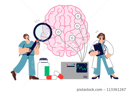 Two doctors study human brain by conducting neurological experiment and using eeg equipment 113361267