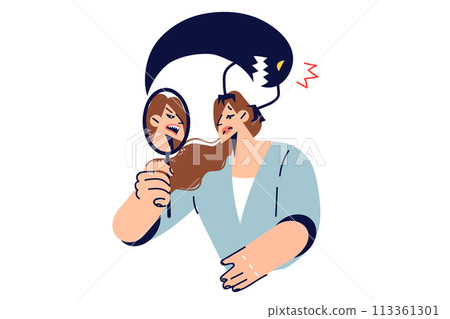 Woman with low self-esteem looks in mirror and sees evil reflection, standing with ghost above head 113361301