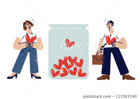 Man and woman act as donors collecting blood for people in need, standing near jar with hearts Man and woman act as donors collecting blood for people in need, standing near jar with hearts 113361340