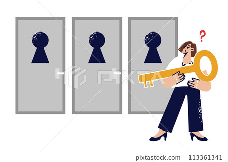 Woman makes choice, making difficult decision on path to success, stands with key near three doors 113361341