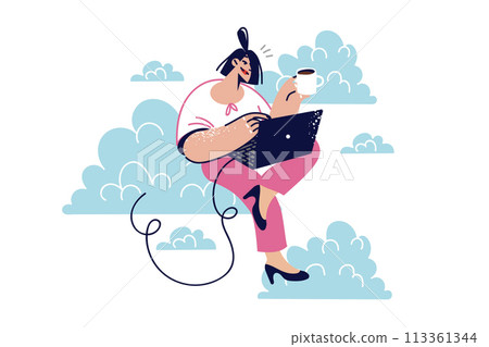 Woman freelancer uses cloud technologies to work remotely via internet, sitting on sky with laptop 113361344