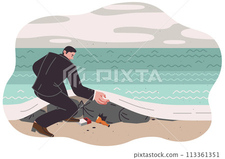 Business man polluting ocean by hiding garbage underwater in order to save on recycling plastic Business man polluting ocean by hiding garbage underwater in order to save on recycling plastic 113361351