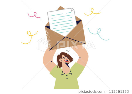 Woman rejoices after receiving letter with good news, raising large envelope with message above head 113361353