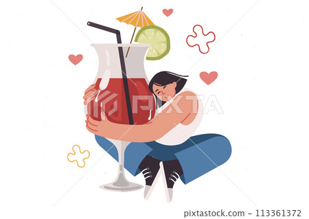 Drunk woman hugs large glass with alcoholic cocktail, feeling dependent on drinks containing alcohol 113361372