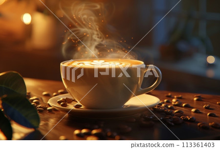 A steaming cup of coffee with latte art on a saucer decorated with coffee beans, on a rustic wooden table in a cozy kitchen setting 113361403