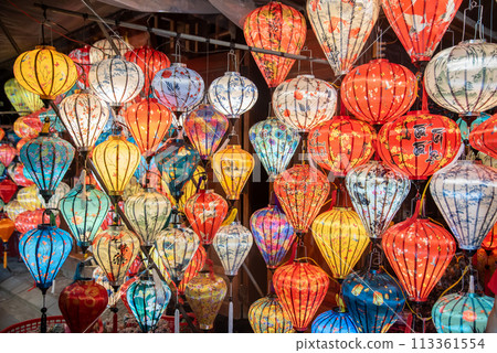 A beautiful night view of illuminated lanterns in the world heritage city of Hoi An 113361554