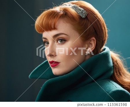 Red-haired girl with red lipstick. 113361598
