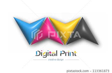 Abstract 3d digital or photo printing logo. Vector template of a brand, logo, sticker or sticker. The idea of creative design and thematic design Abstract 3d digital or photo printing logo. Vector template of a brand, logo, sticker or sticker. The idea of creative design and thematic design 113361873