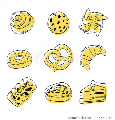 Hand drawn outline pastry bakery set abstract colored illustration. Vector illustration 113362032