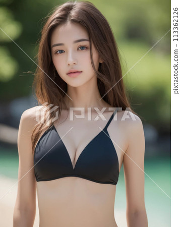 A woman with long hair wearing a swimsuit at the sea and making a cute face 113362126