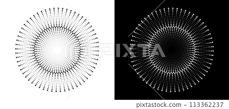 Modern abstract background. Halftone dots in circle form. Sun concept. Vector dotted frame. Design element or icon. Black shape on a white background and the same white shape on the black side. 113362237