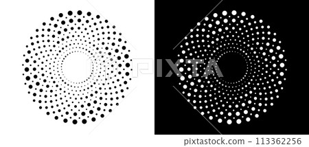Modern abstract background. Halftone dots in circle form. Sun concept. Vector dotted frame. Design element or icon. Black shape on a white background and the same white shape on the black side. 113362256