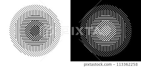 Transition parallel lines in circles. Abstract art geometric background for logo, icon, tattoo. Black shape on a white background and the same white shape on the black side. 113362258