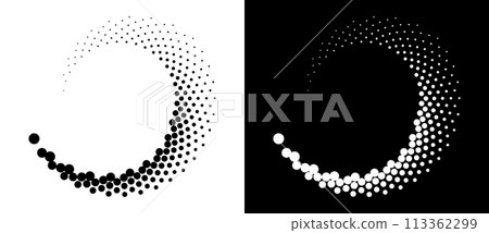 Halftone dots in spiral. Modern abstract background. Design element or icon, logo. Black shape on a white background and the same white shape on the black side. 113362299