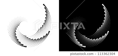 Halftone dots in spiral. Modern abstract background. Design element or icon, logo. Black shape on a white background and the same white shape on the black side. Halftone dots in spiral. Modern abstract background. Design element or icon, logo. Black shape on a white background and the same white shape on the black side. 113362304
