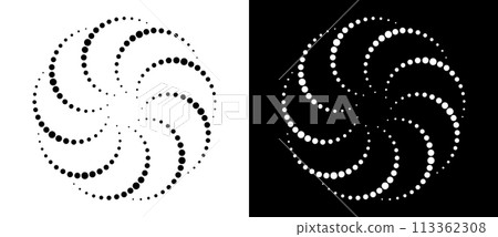 Modern abstract background. Halftone dots like flower. Can be used as logo, icon or design element. Black dots on a white background and white dots on the black side. Modern abstract background. Halftone dots like flower. Can be used as logo, icon or design element. Black dots on a white background and white dots on the black side. 113362308