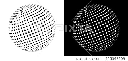 Modern abstract background. Halftone dots in ball. Round logo. Black shape on a white background and the same white shape on the black side. Modern abstract background. Halftone dots in ball. Round logo. Black shape on a white background and the same white shape on the black side. 113362309