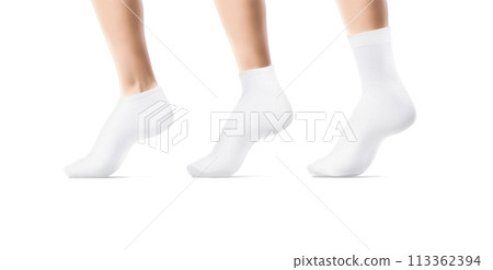 Blank white long, low cut, ancle socks on leg mockup Blank white long, low cut, ancle socks on leg mockup 113362394